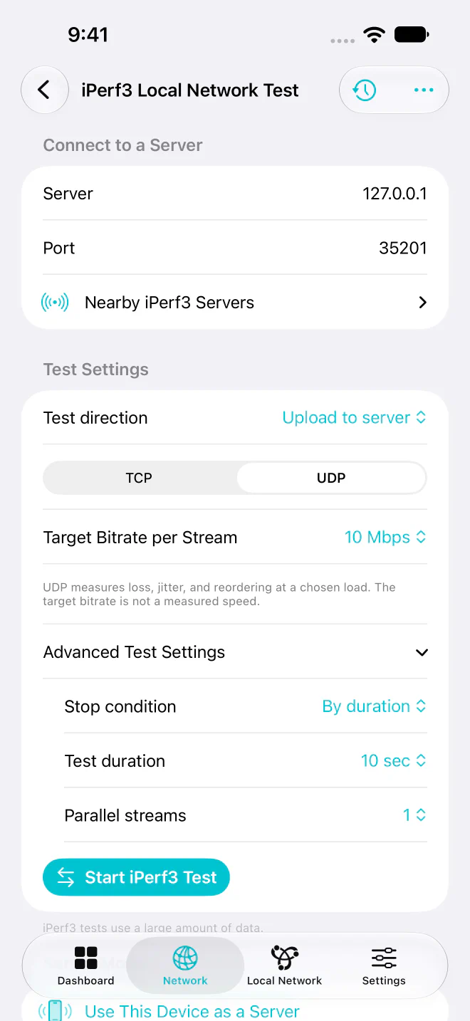 Syscope Pro iPerf3 UDP and advanced test settings.